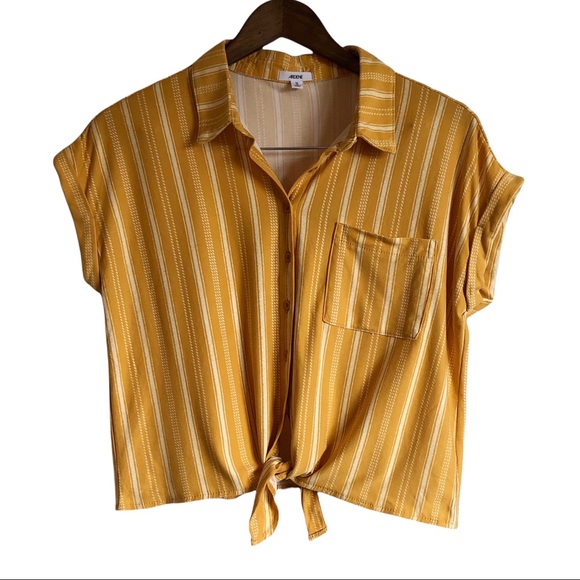 Ardene Tops - 🌷3/$25🌷 ARDENE Soft Button Down Tie Waist Striped Crop Top Tee Shirt Yellow